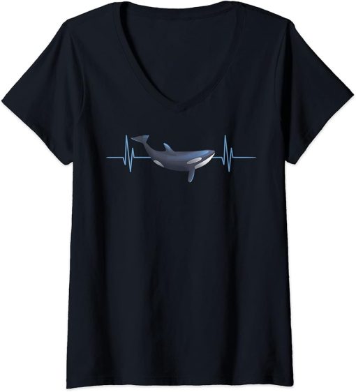 Womens Orca Heartbeat Killer Whale Sea Animal Marine Biologist V-Neck T-Shirt