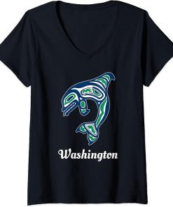 Womens Blue Green Native American Washington Orca Killer Whale V-Neck T-Shirt