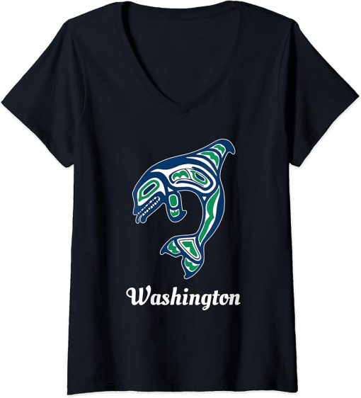 Womens Blue Green Native American Washington Orca Killer Whale V-Neck T-Shirt