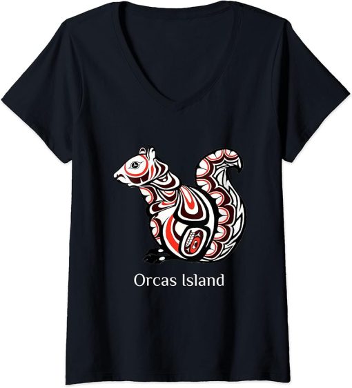 Womens Tribal Squirrel Orcas Island, Washington Native American Art V-Neck T-Shirt