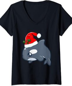 Womens Xmas Kawaii Orca Cute Christmas Animal Santa"s Hat V-Neck T-Shirt