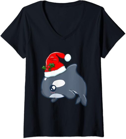 Womens Xmas Kawaii Orca Cute Christmas Animal Santa"s Hat V-Neck T-Shirt