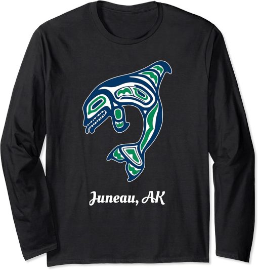 Blue Green Native American Juneau AK Orca Killer Whale Long Sleeve T-Shirt