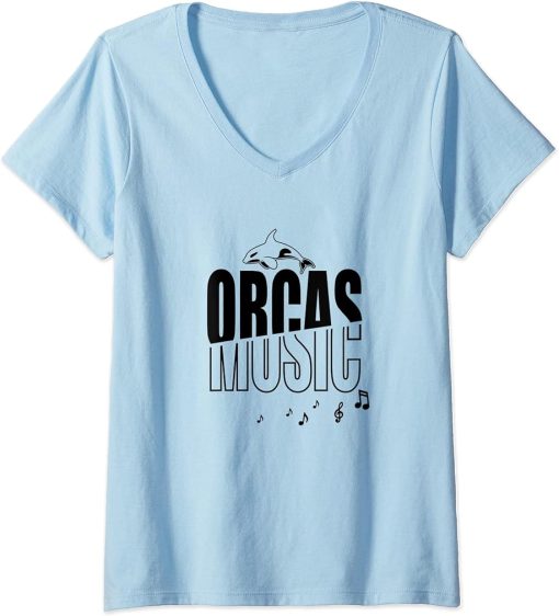 Womens Orcas and Music Musician Piano Choir Whale V-Neck T-Shirt