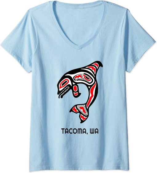 Womens Tacoma Washington Native American Indian Orca Killer Whales V-Neck T-Shirt