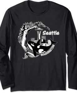 Seattle Washington Space-Needle Mermaid Orca Souvenir Long Sleeve T-Shirt