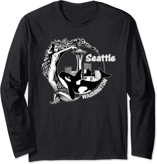 Seattle Washington Space-Needle Mermaid Orca Souvenir Long Sleeve T-Shirt