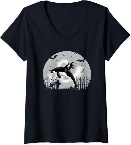 Womens Orca Killer Whale Moonlight Funny Halloween Costume V-Neck T-Shirt